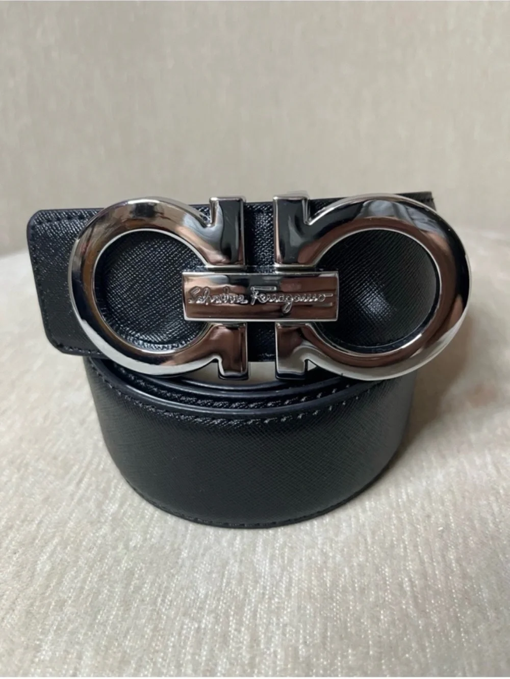 Salvatore Ferragamo Black Leather Belt with Silver Gancini Buckle